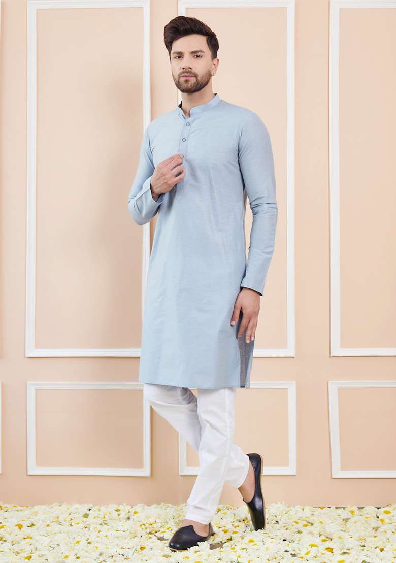 Blue Solid Cotton Straight Kurta Set For Men - Indya
