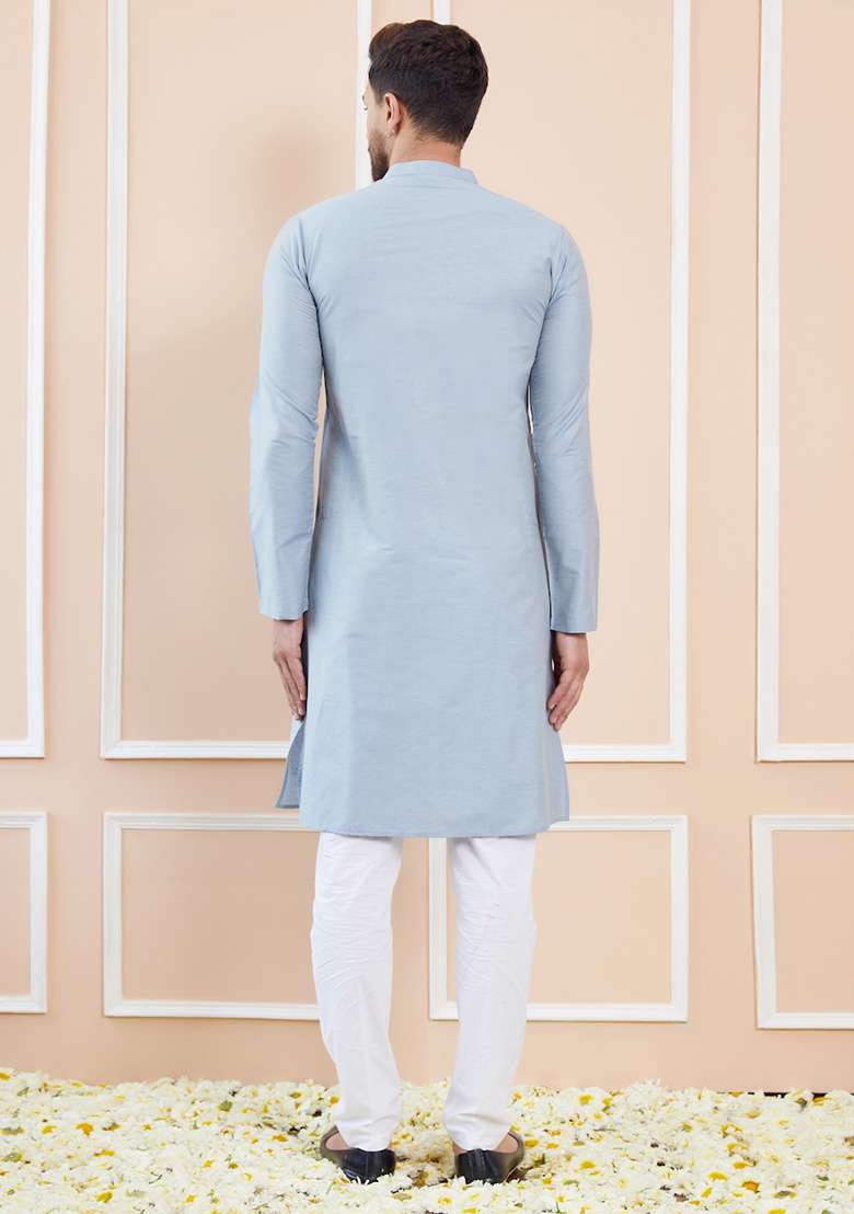 Blue Solid Cotton Straight Kurta Set For Men - Indya