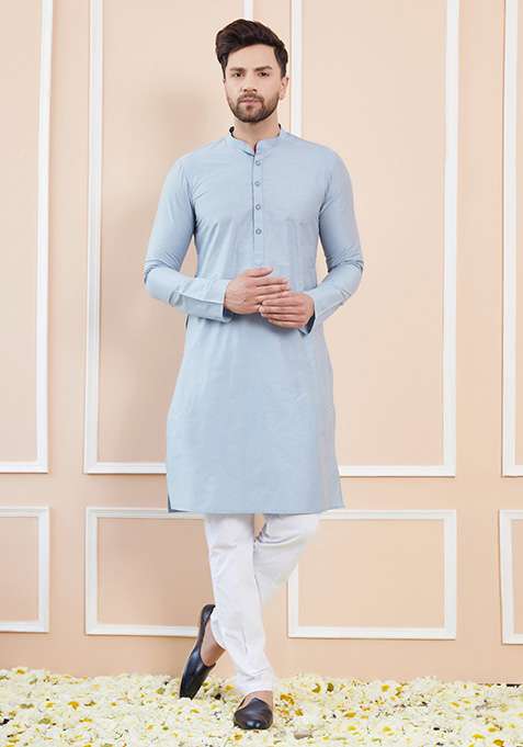 Blue Solid Cotton Straight Kurta Set For Men