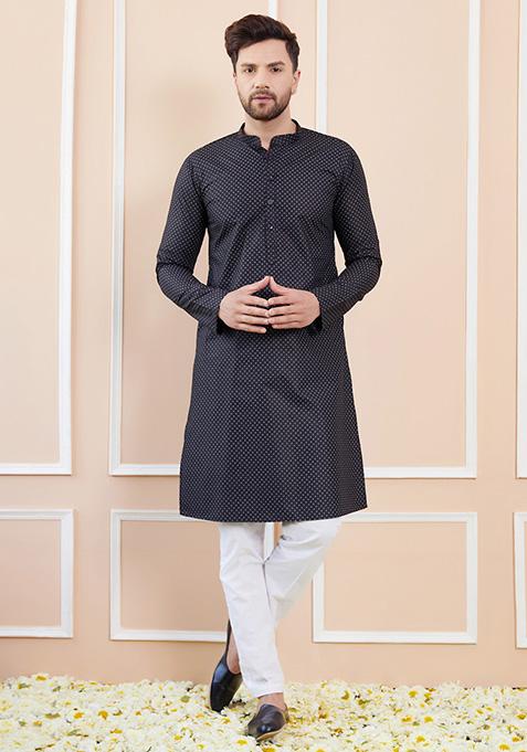 Black Solid Cotton Straight Kurta Set For Men