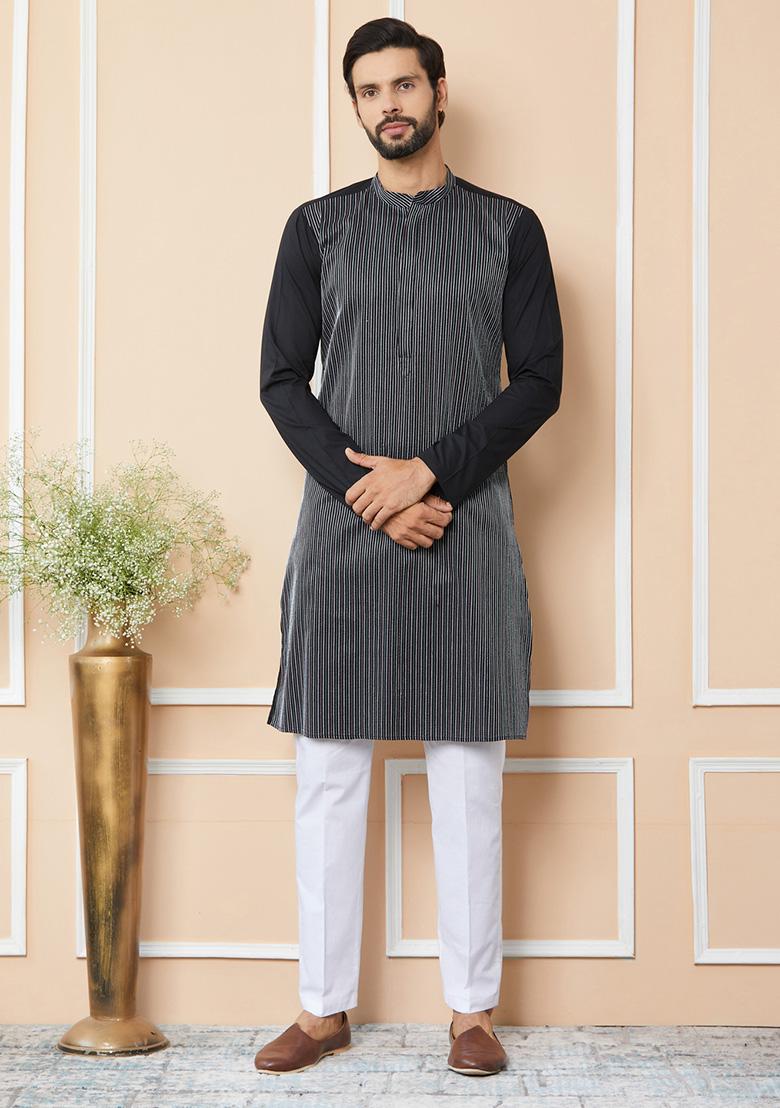Black Thread Embroidered Pure Cotton Straight Kurta Set For Men