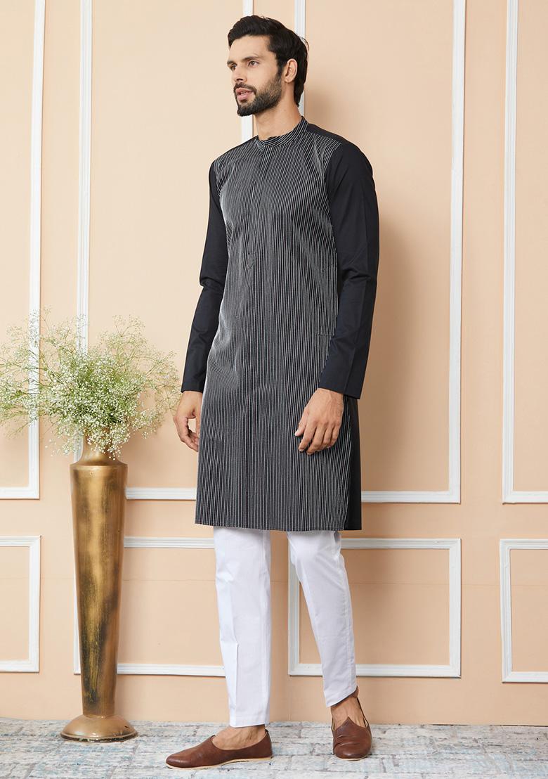 Black Thread Embroidered Pure Cotton Straight Kurta Set For Men
