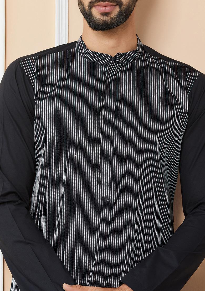 Black Thread Embroidered Pure Cotton Straight Kurta Set For Men