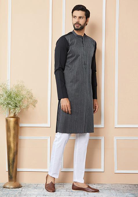 Black Thread Embroidered Pure Cotton Straight Kurta Set For Men