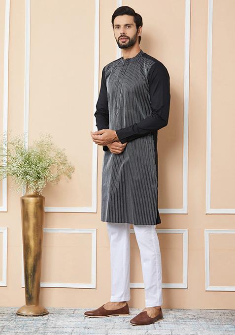 Black Thread Embroidered Pure Cotton Straight Kurta Set For Men