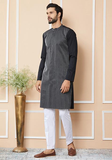 Black Thread Embroidered Pure Cotton Straight Kurta Set For Men