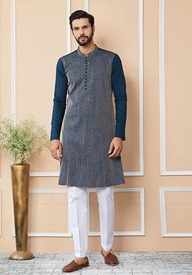 Dark Blue Sequin Thread Embroidered Straight Kurta Set For Men