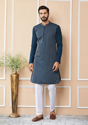 Dark Blue Sequin Thread Embroidered Kurta Set For Men