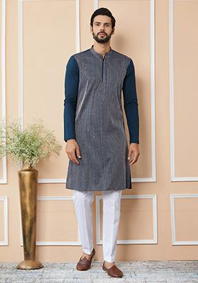 Dark Blue Sequin Thread Embroidered Cotton Kurta Set For Men