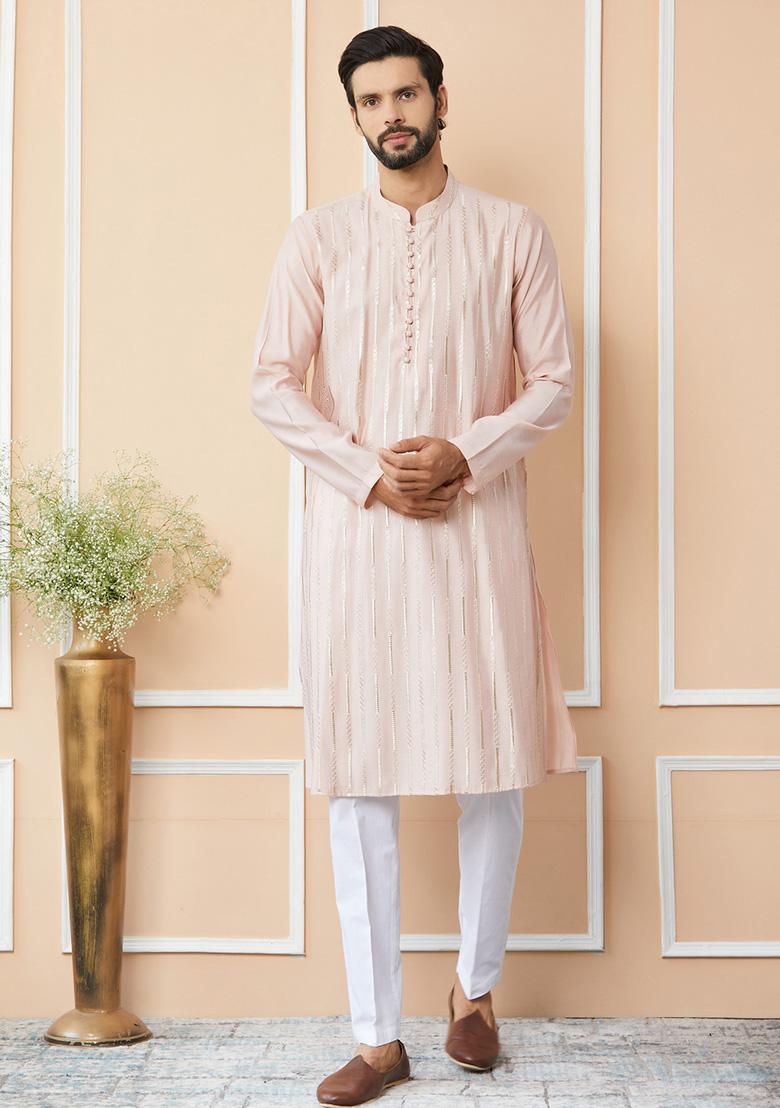 Light Pink Sequin Embroidered Straight Chanderi Silk Kurta Set For Men