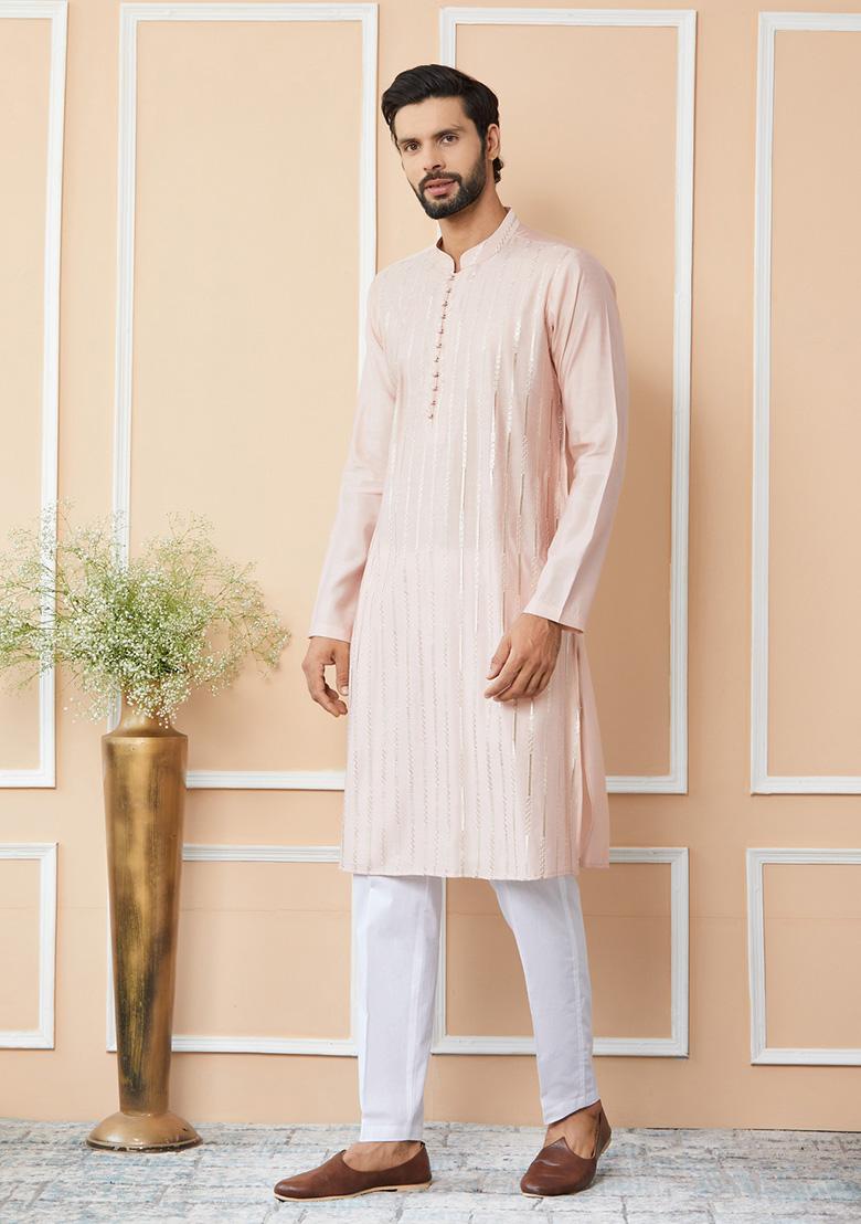 Light Pink Sequin Embroidered Straight Chanderi Silk Kurta Set For Men