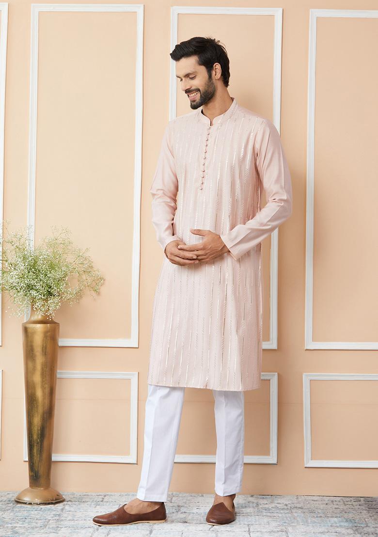 Light Pink Sequin Embroidered Straight Chanderi Silk Kurta Set For Men