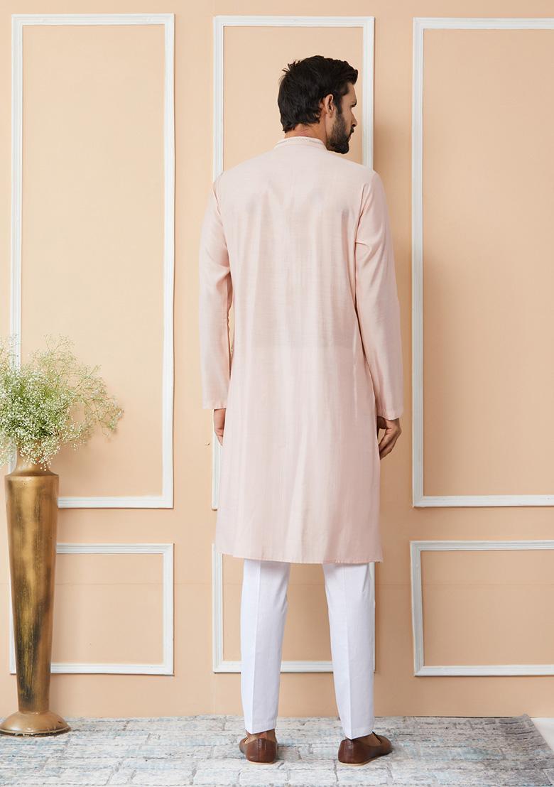 Light Pink Sequin Embroidered Straight Chanderi Silk Kurta Set For Men