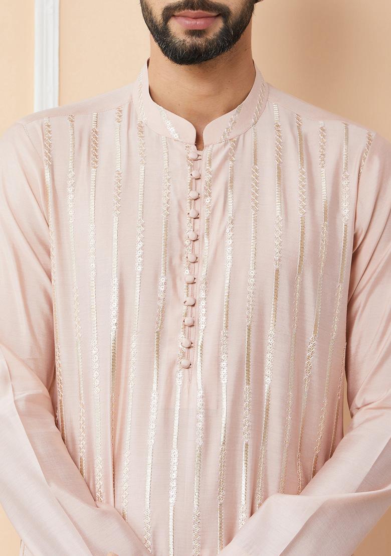 Light Pink Sequin Embroidered Straight Chanderi Silk Kurta Set For Men