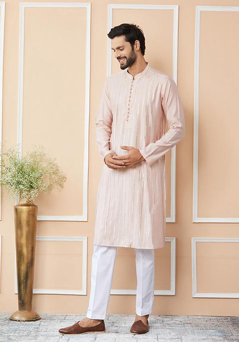 Light Pink Sequin Embroidered Straight Chanderi Silk Kurta Set For Men