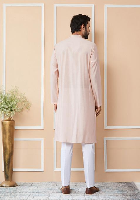 Light Pink Sequin Embroidered Straight Chanderi Silk Kurta Set For Men
