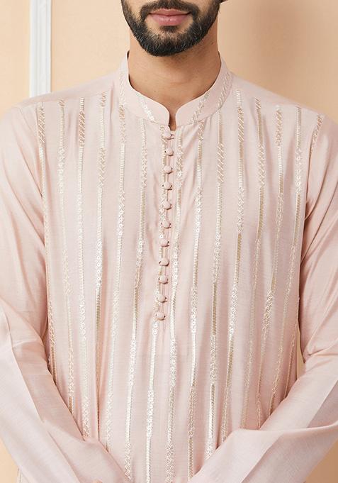 Light Pink Sequin Embroidered Straight Chanderi Silk Kurta Set For Men