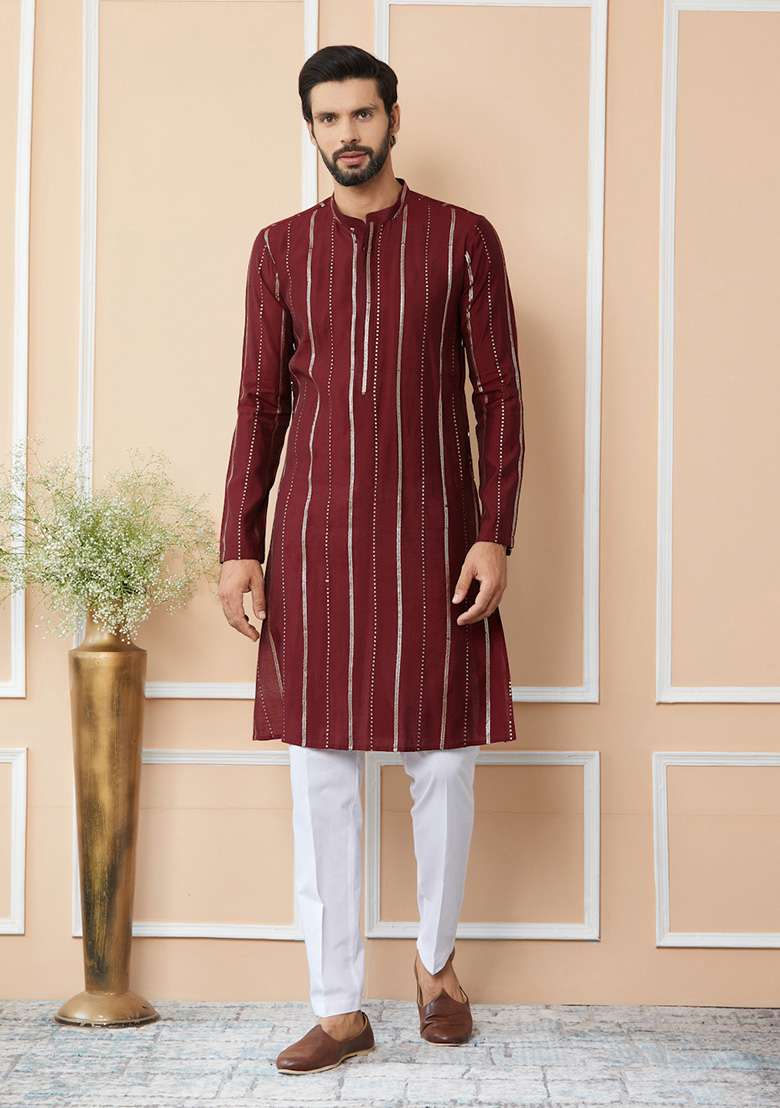 Maroon Sequin Embroidered Straight Kurta Set For Men - Indya