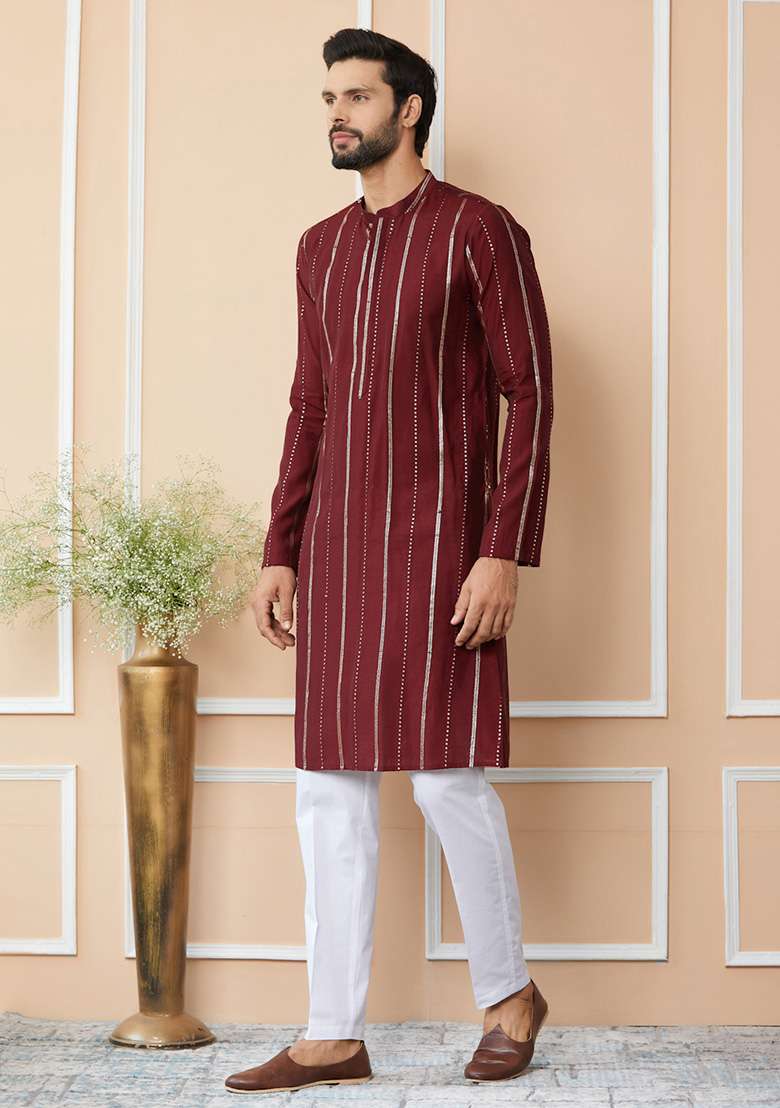 Maroon Sequin Embroidered Straight Kurta Set For Men - Indya