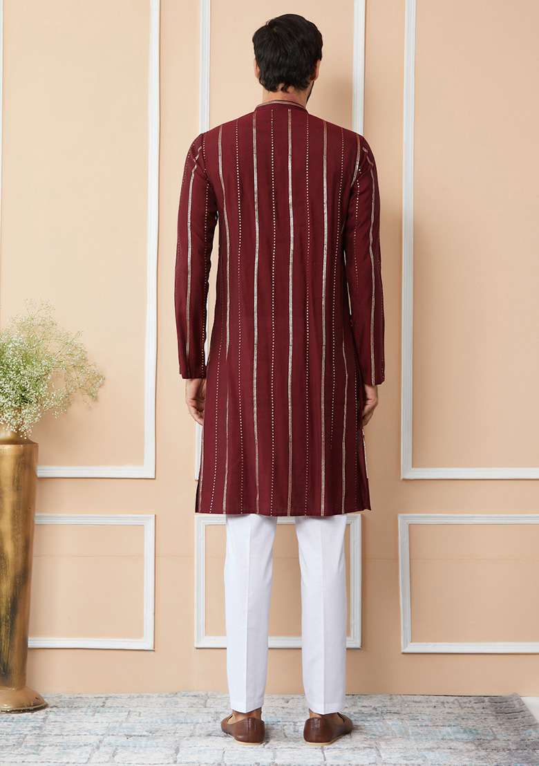 Maroon Sequin Embroidered Straight Kurta Set For Men - Indya