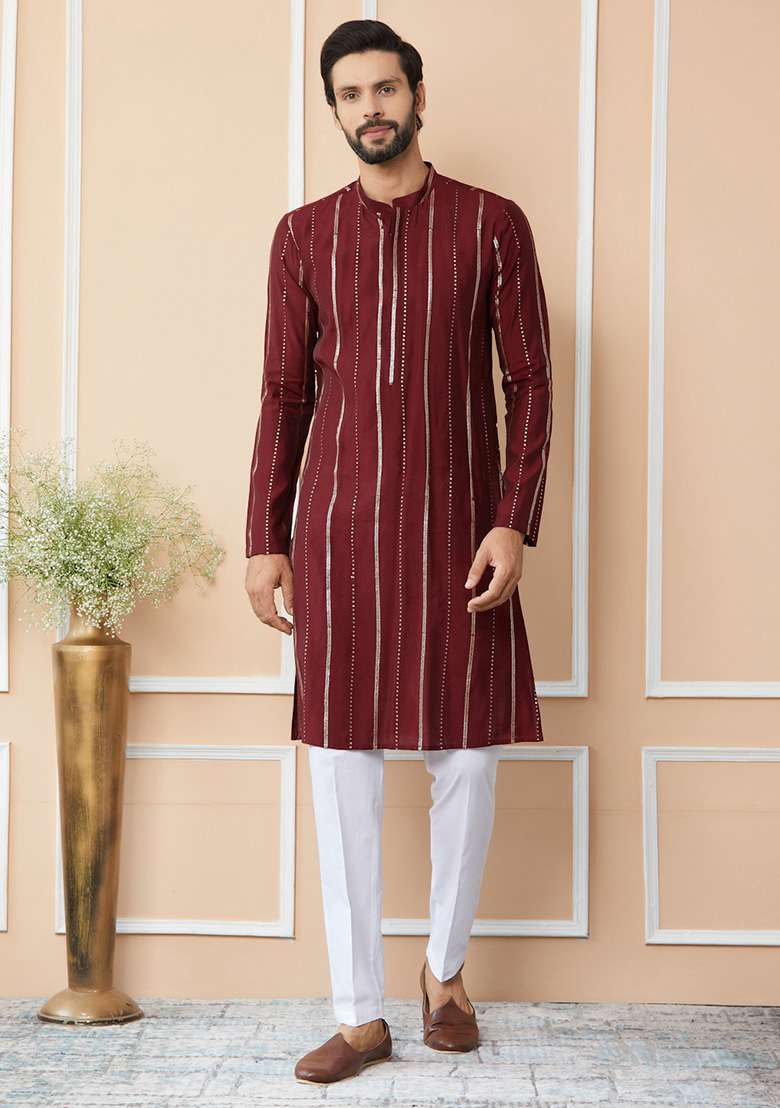 Maroon Sequin Embroidered Straight Kurta Set For Men - Indya