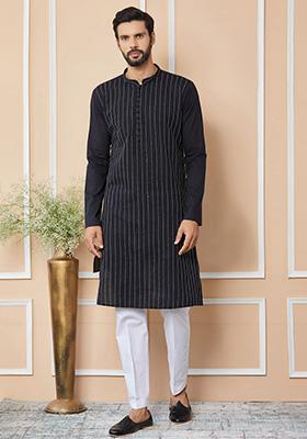Black Thread Embroidered Kurta Set For Men