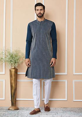 Dark Blue Sequin Thread Embroidered Cotton Straight Kurta Set For Men