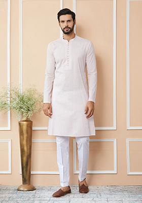 Light Pink Thread Embroidered Straight Kurta Set For Men