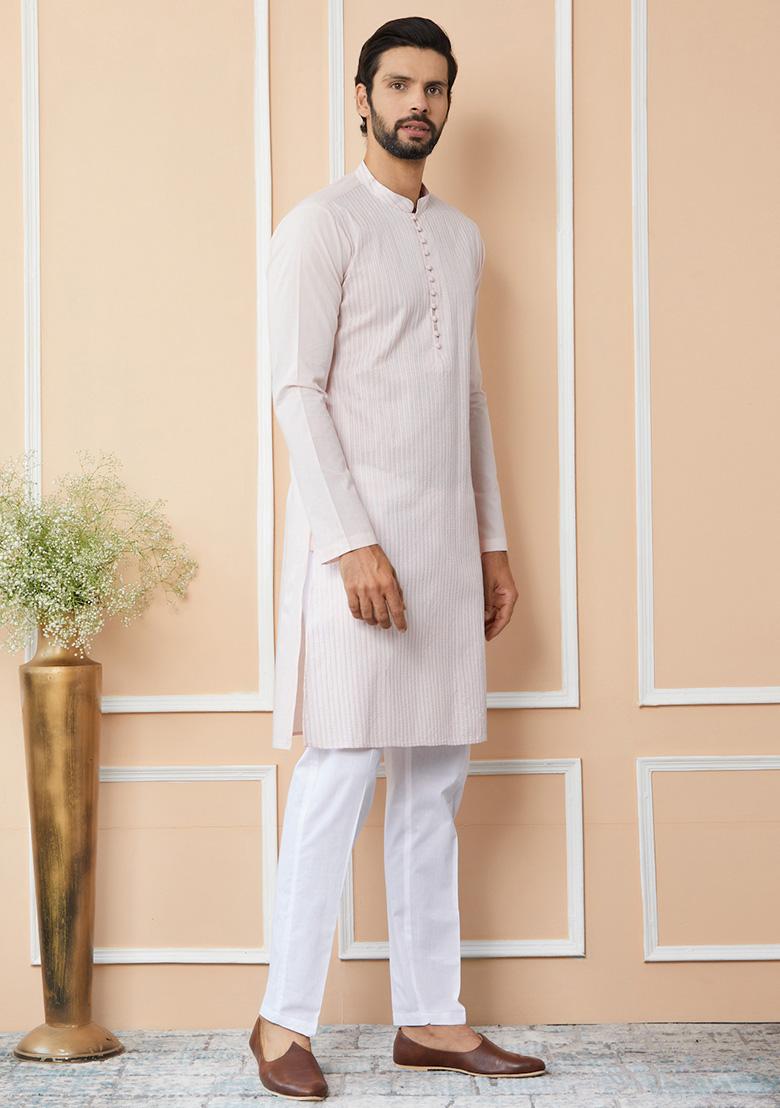 Light Pink Thread Embroidered Straight Kurta Set For Men