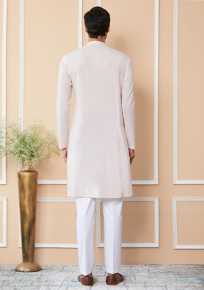 Light Pink Thread Embroidered Straight Kurta Set For Men