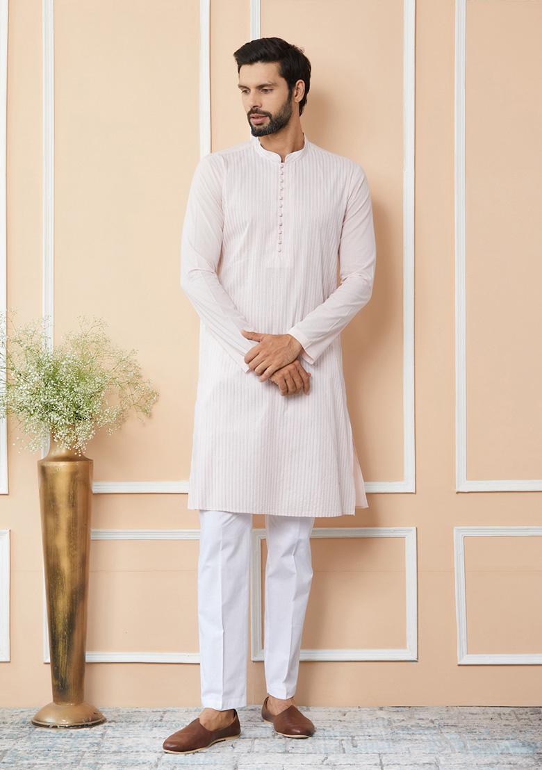 Light Pink Thread Embroidered Straight Kurta Set For Men