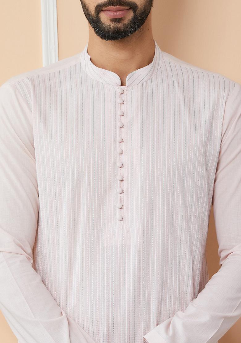 Light Pink Thread Embroidered Straight Kurta Set For Men