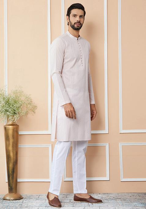 Light Pink Thread Embroidered Straight Kurta Set For Men