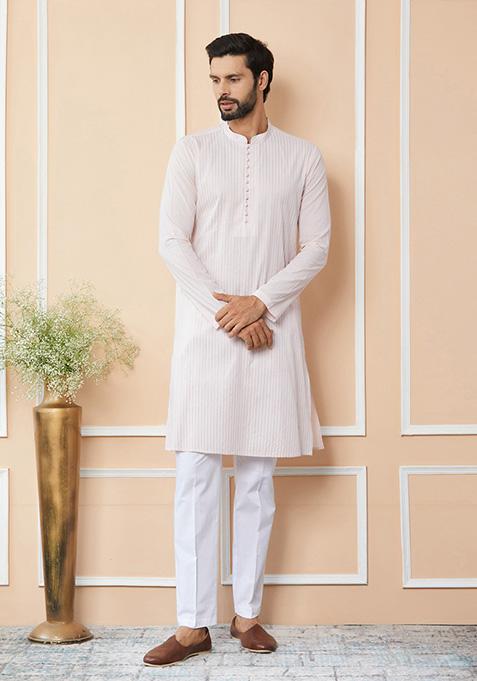 Light Pink Thread Embroidered Straight Kurta Set For Men
