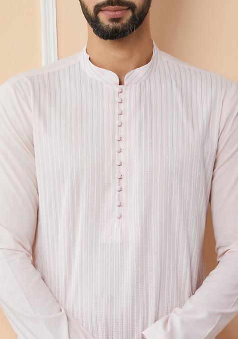 Light Pink Thread Embroidered Straight Kurta Set For Men