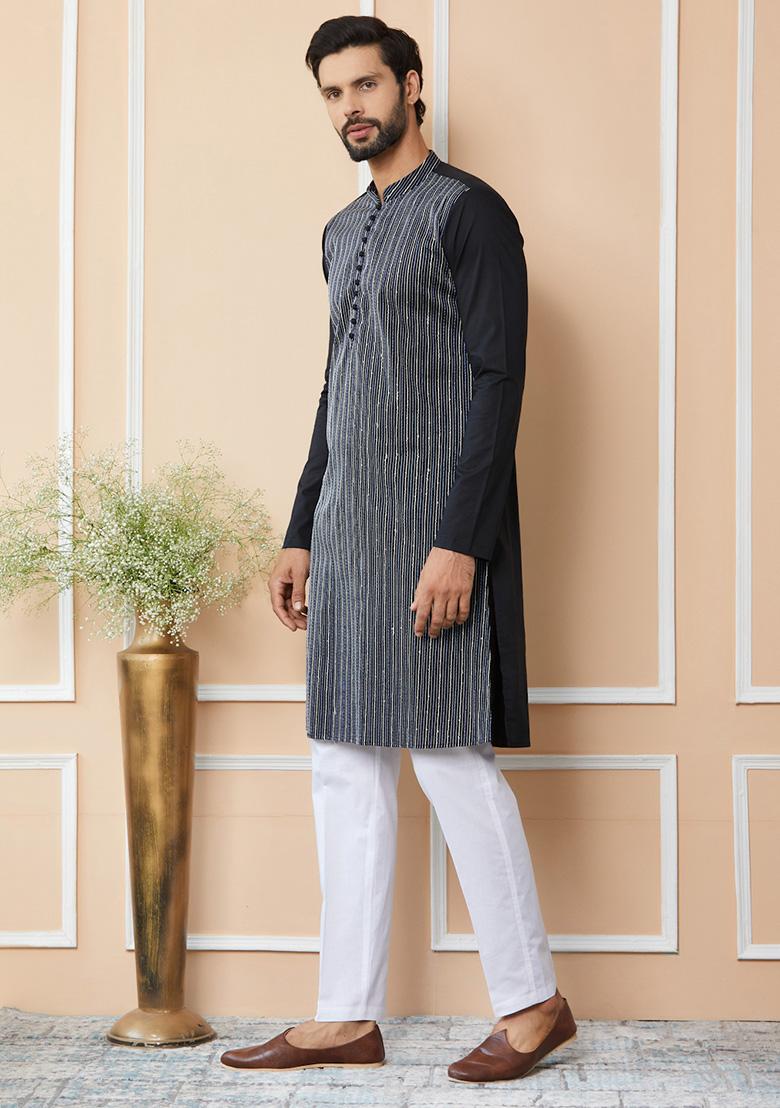 Black Sequin Thread Embroidered Pure Cotton Straight Kurta Set For Men