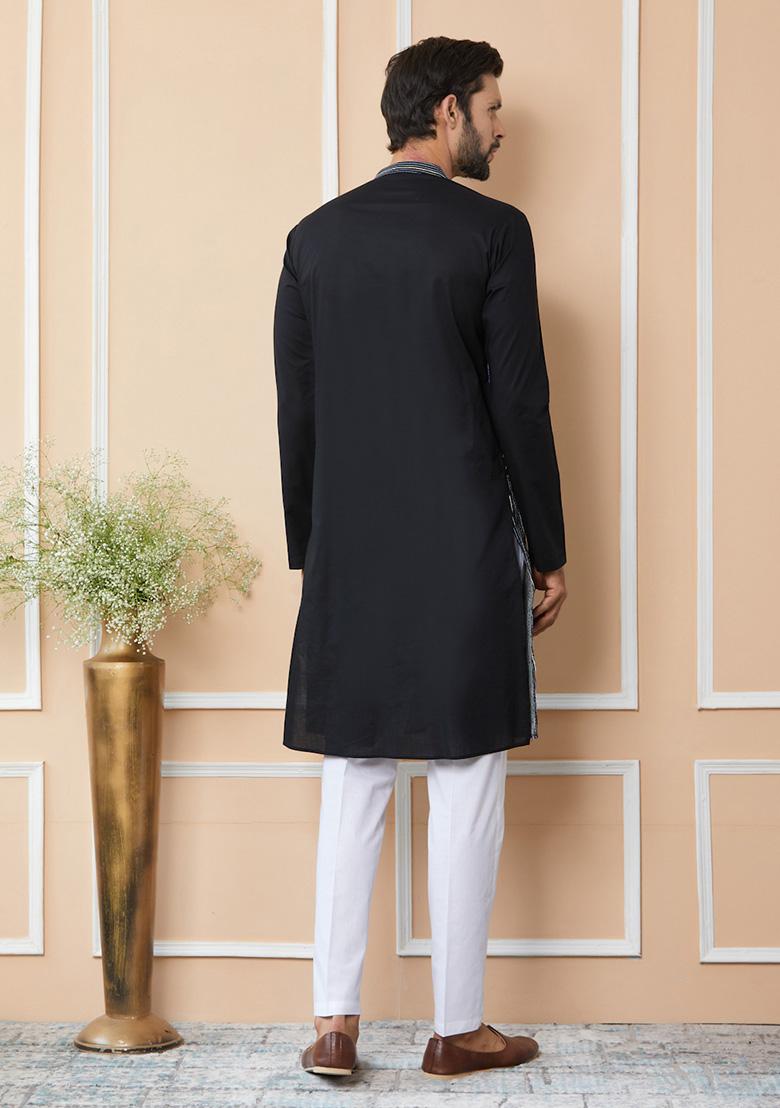 Black Sequin Thread Embroidered Pure Cotton Straight Kurta Set For Men