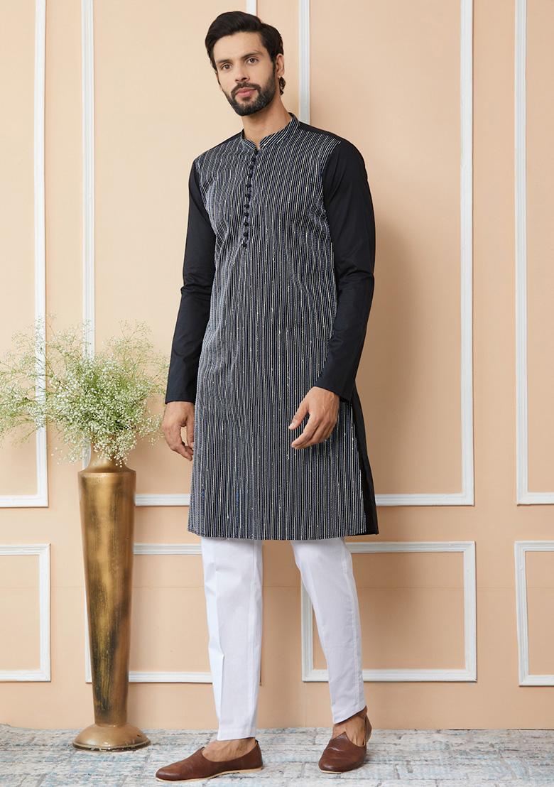 Black Sequin Thread Embroidered Pure Cotton Straight Kurta Set For Men