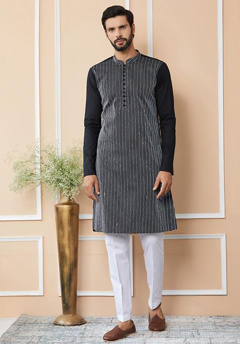 Black Sequin Thread Embroidered Pure Cotton Straight Kurta Set For Men
