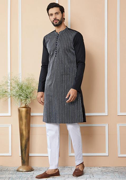 Black Sequin Thread Embroidered Pure Cotton Straight Kurta Set For Men
