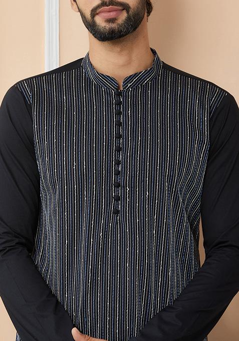 Black Sequin Thread Embroidered Pure Cotton Straight Kurta Set For Men