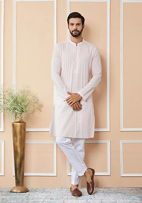 Light Pink Sequin Thread Embroidered Straight Kurta Set For Men
