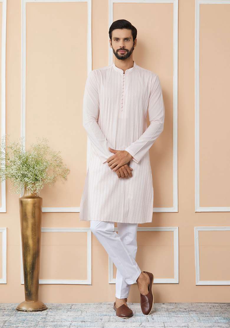 Light Pink Sequin Thread Embroidered Straight Kurta Set For Men - Indya