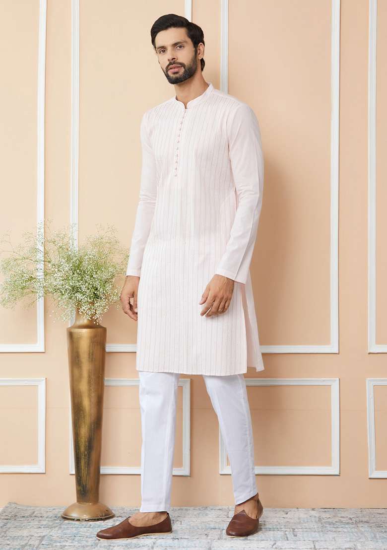 Light Pink Sequin Thread Embroidered Straight Kurta Set For Men - Indya