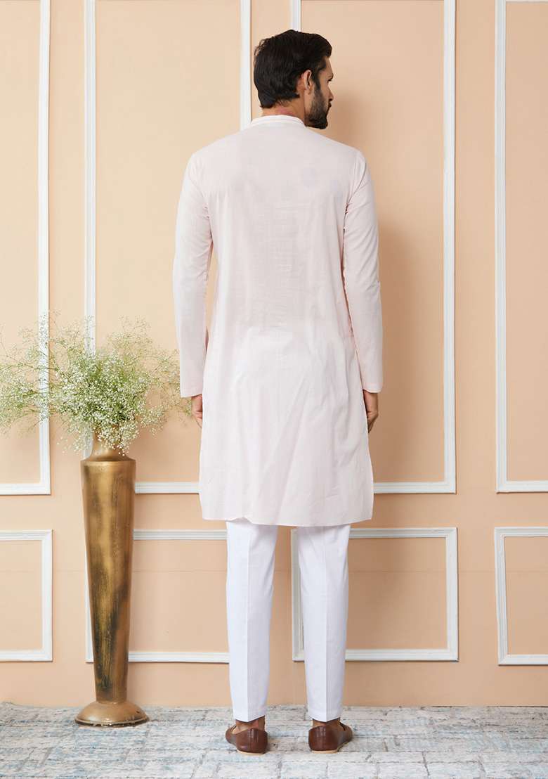 Light Pink Sequin Thread Embroidered Straight Kurta Set For Men - Indya