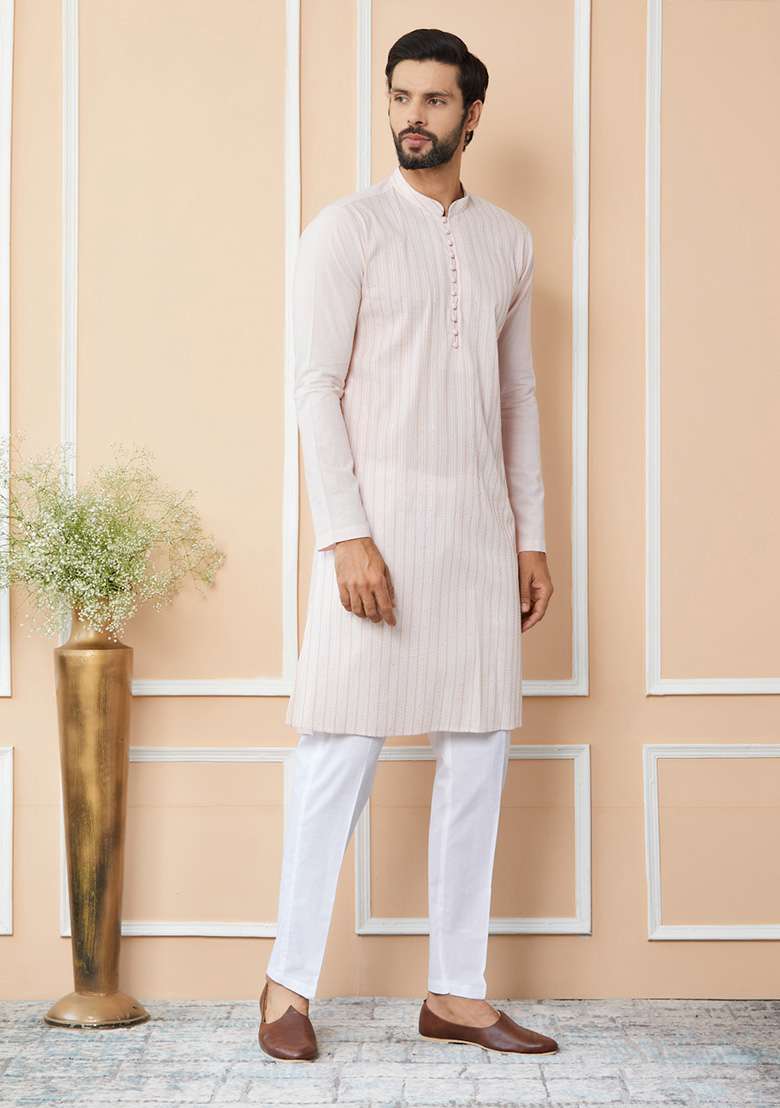 Light Pink Sequin Thread Embroidered Straight Kurta Set For Men - Indya