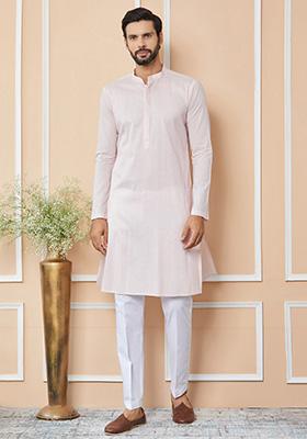 Light Pink Sequin Thread Embroidered Kurta Set For Men