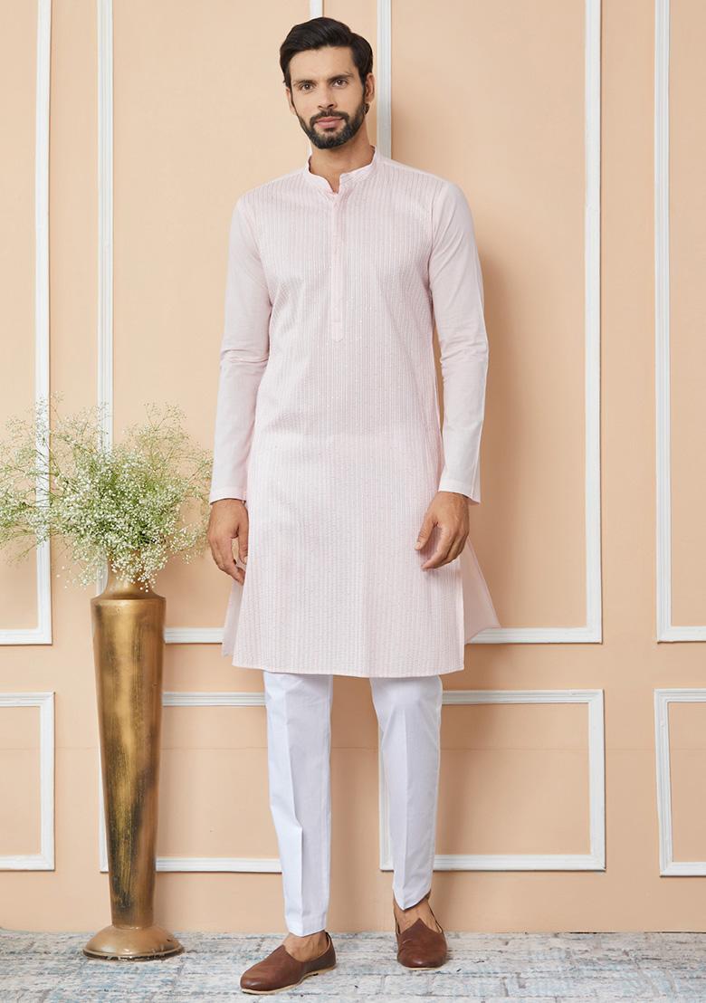 Light Pink Sequin Thread Embroidered Kurta Set For Men