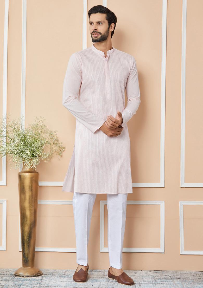 Light Pink Sequin Thread Embroidered Kurta Set For Men