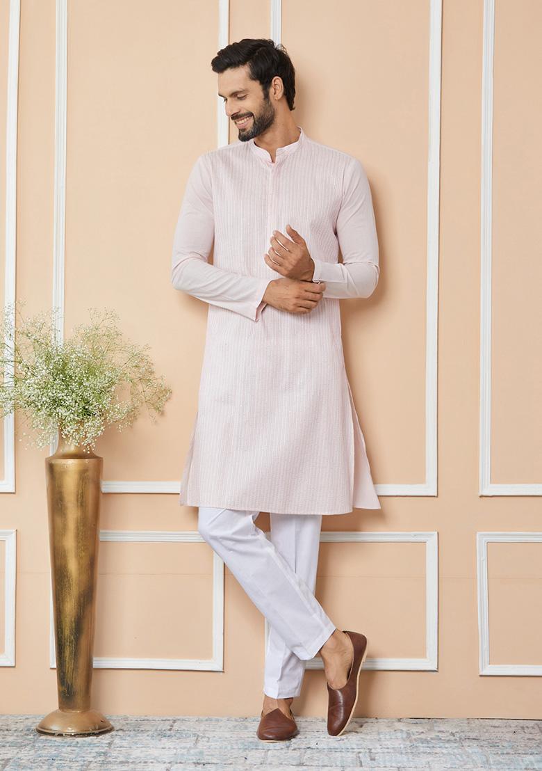 Light Pink Sequin Thread Embroidered Kurta Set For Men